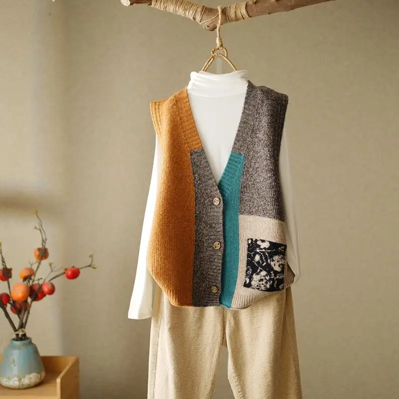 Top Trends: Autumn Women Panelled Vintage Sweaters Vest Button Cardigans Knitted Fashion Sleeveless V-Neck Loose Casual Sweater Coats 2022 Shoppable Styles