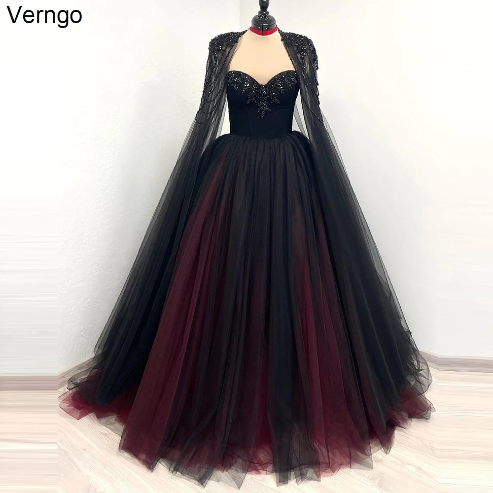 Top Trends: Verngo Fantasy Gothic Black Wedding Dress Sweetheart Beadings Bride Dress With Cape Tulle Lace Up Civil Bridal Gown Halloween Shoppable Styles