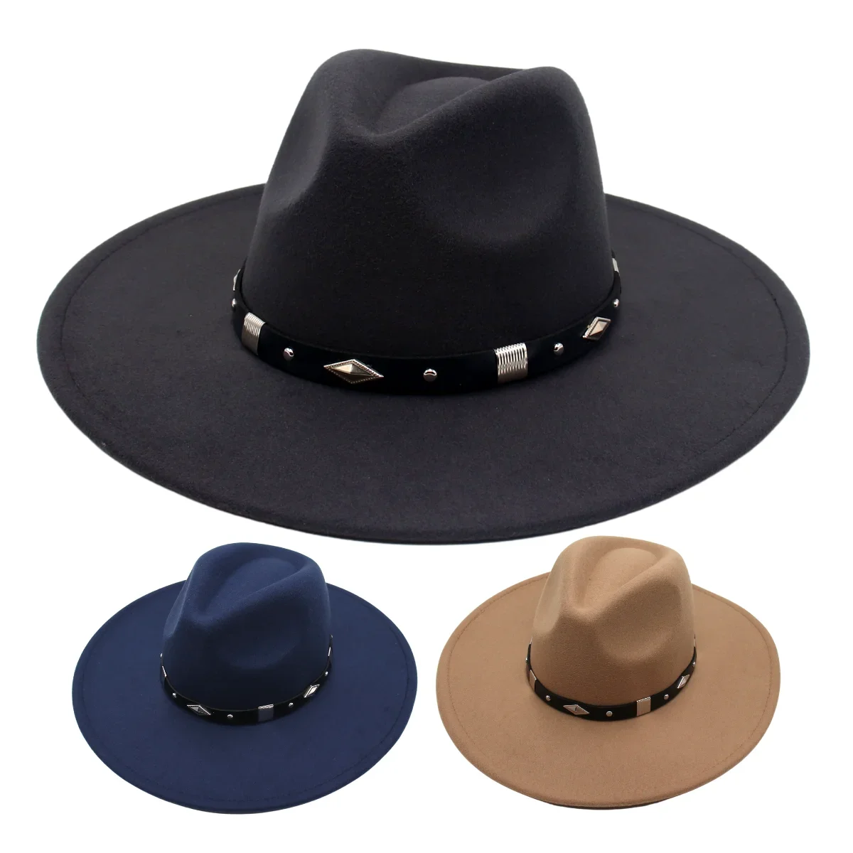 Top Trends: Big Wide Brim Classic Men Fedora Hat Unisex 9.5cm British Flat Brim Felt Hats Women Belt Jazz Hat Winter Autumn Retro Trilby Hat Shoppable Styles - Image 2