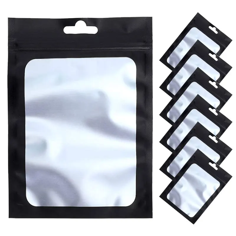 Top Trends: 50pcs Black Foil Bags Mylar Zipper Hang Bag With Clear Window For Jewelry Display Packaging Self Sealing Reusable Foil Pouch Shoppable Styles