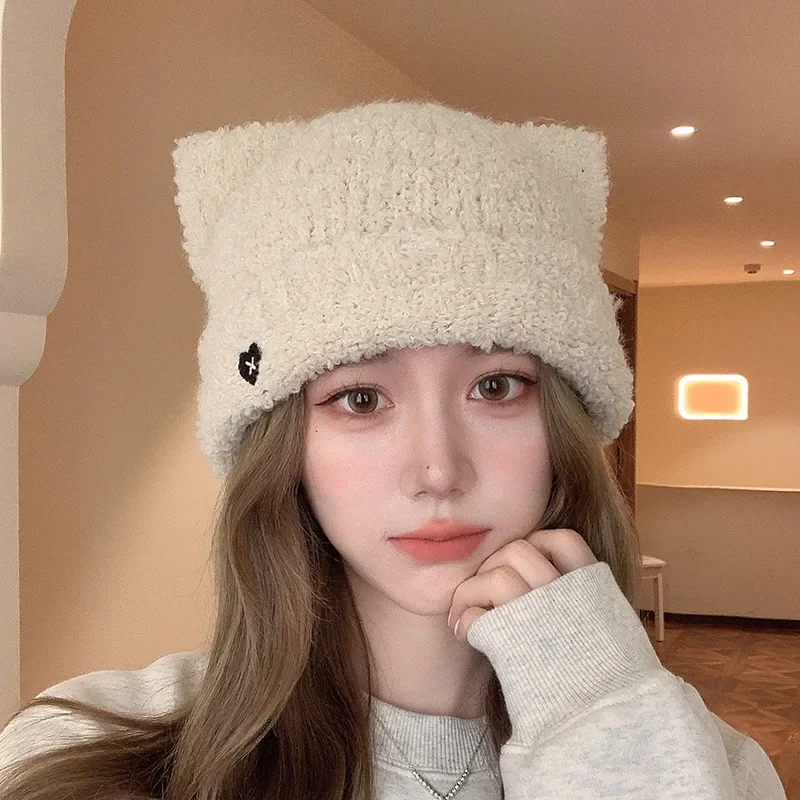 Top Trends: Japanese Y2k Sweet And Cute Cat Ear Beanies For Women Autumn And Winter Warm Ear Protection Love Embroidered Plush Knitted Hat Shoppable Styles