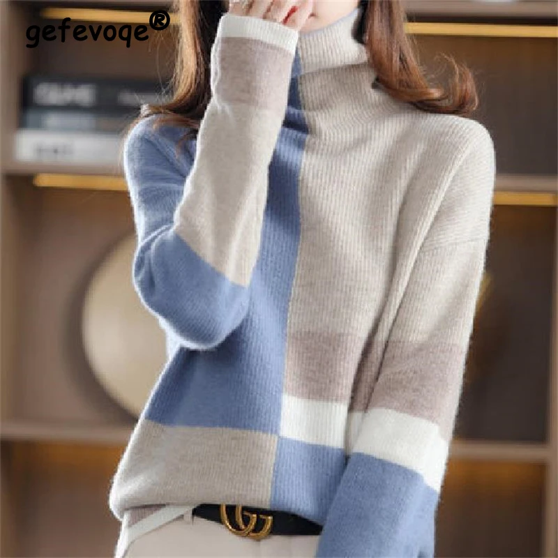 Top Trends: Women Trendy Contrast Color Turtleneck Soft Warm Knitted Sweaters Autumn Winter Casual Long Sleeve Loose Pullover Tops Jumpers Shoppable Styles