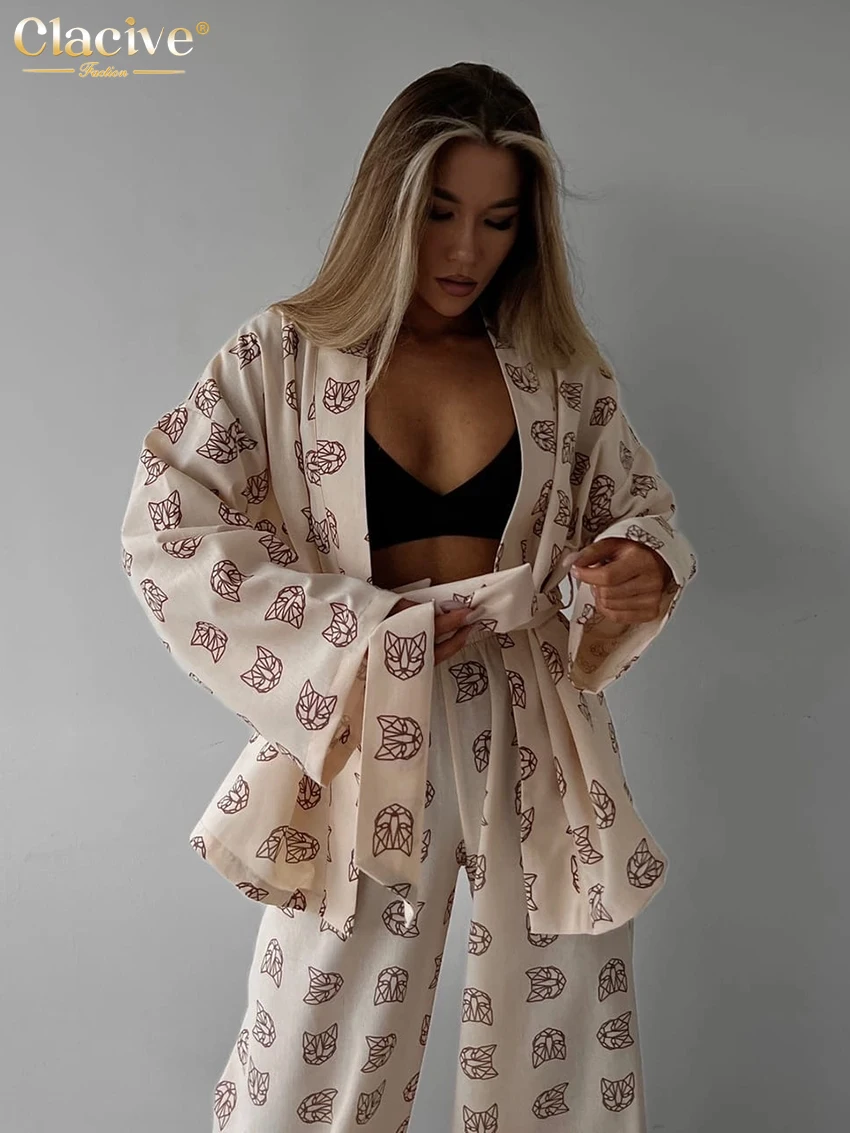 Top Trends: Clacive Casual Print Home Suits Elegant High Waist Wide Pants Set Fashion Long Sleeve Lace-Up Robes 2 Piece Sets Women Outfit Shoppable Styles