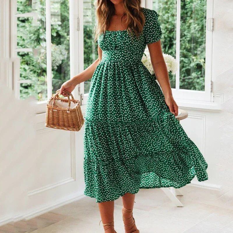 Top Trends: Vintage Vintage Print Puff Sleeve Summer Beach Sweet Dresses Casual Square Collar Floral Maxi Long Dress 2022 Festa Shoppable Styles