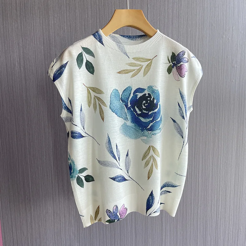 Top Trends: 2023 New Summer Thin Silk Knitted Short-sleeved T-shirt Women's Sleeveless Wool Loose Printed T-shirt Shoppable Styles