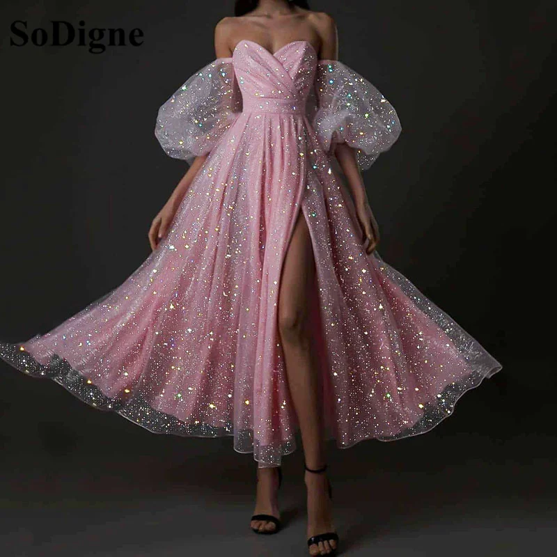 Top Trends: SoDigne Shinning Dusty Pink Evening Dresses Puff Short Sleeves Side Split Prom Gowns Tea Length 2022 Formal Party Dresses Shoppable Styles