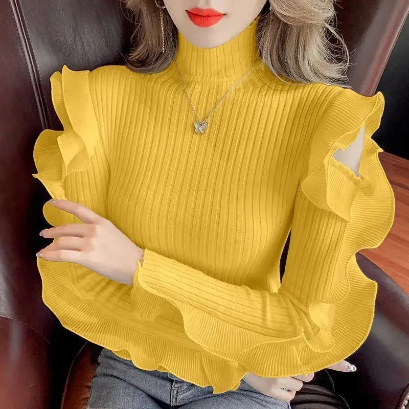 Top Trends: Fashion Turtleneck Spliced Ruffles Off Shoulder Sweater Women&#039;s Clothing 2023 Winter New Casual Pullovers Loose Sweet Tops Shoppable Styles