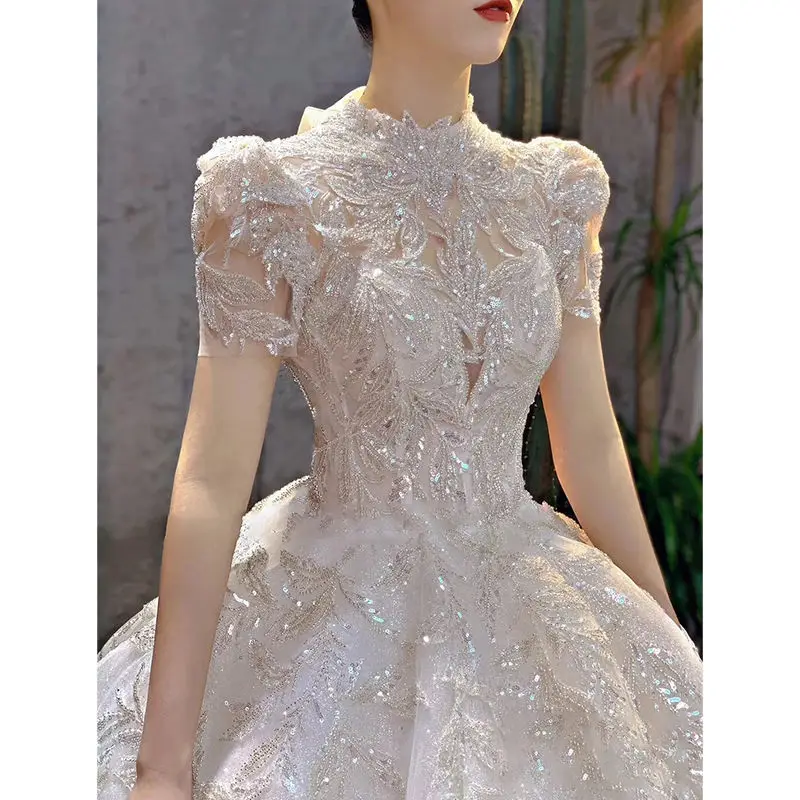 Top Trends: Luxury A Line Women Wedding Dress Princess High Neck Glitter Sequins Lace Up Back Bridal Gown Marriage Robe De Mariée Shoppable Styles