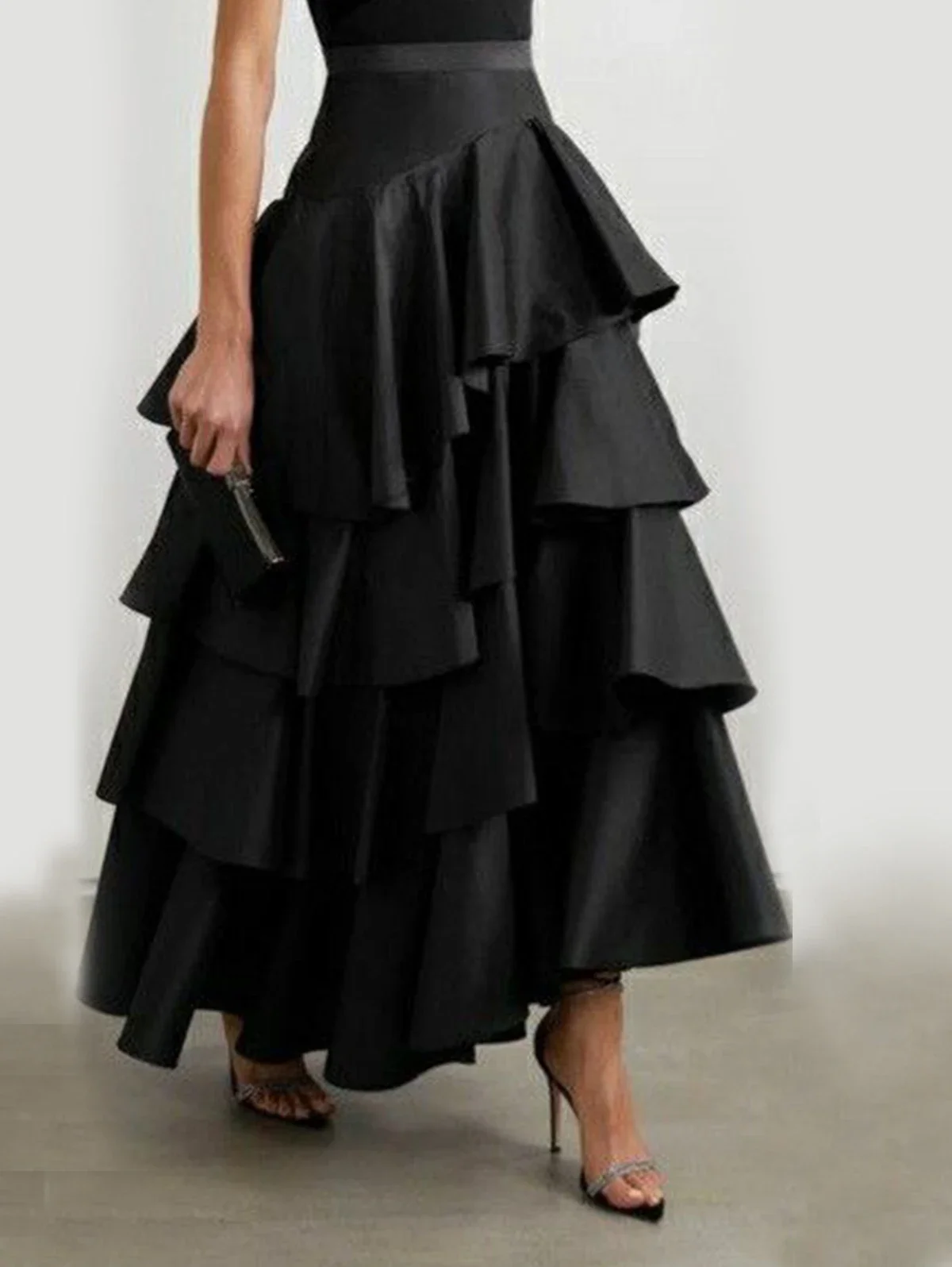 Top Trends: Women Layered Satin Cake Skirt High Waist Skirts Tiered Ruffled Taffeta Maxi Skirt Ankle Length Midi Long Skirt Solid Silk Skirt Shoppable Styles