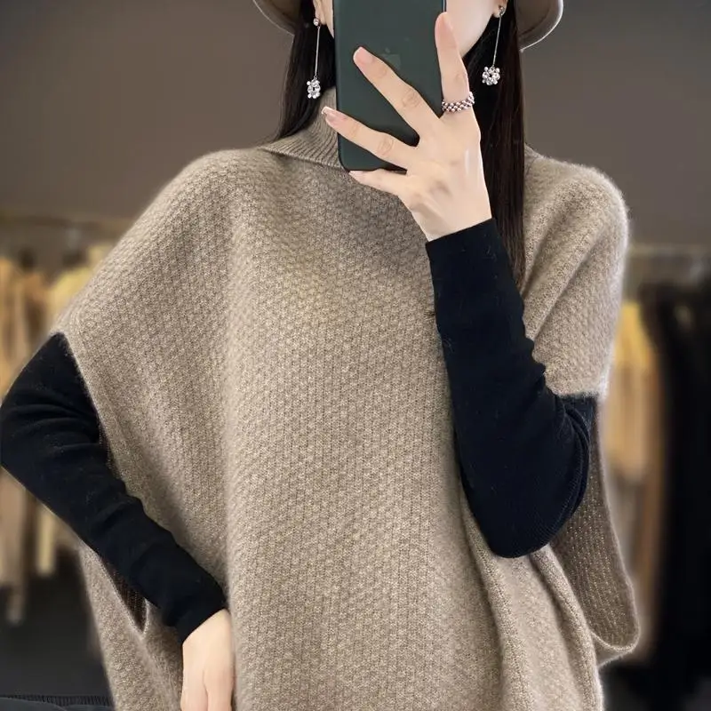 Top Trends: Female Clothing Korean Sweater Vest Casual Loose Batwing Sleeve Autumn Winter Turtleneck Basic Solid Color Chic Knitted Jumpers Shoppable Styles - Image 2