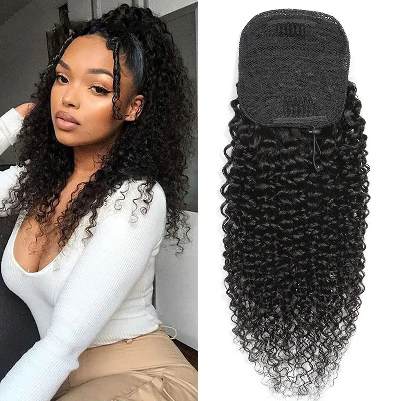 Top Trends: Kinky Curly Human Hair Extensions Drawstring Ponytail Natural Clip In Hairpiece For Woman Water Wave Pony Tail Boymia Hair Shoppable Styles