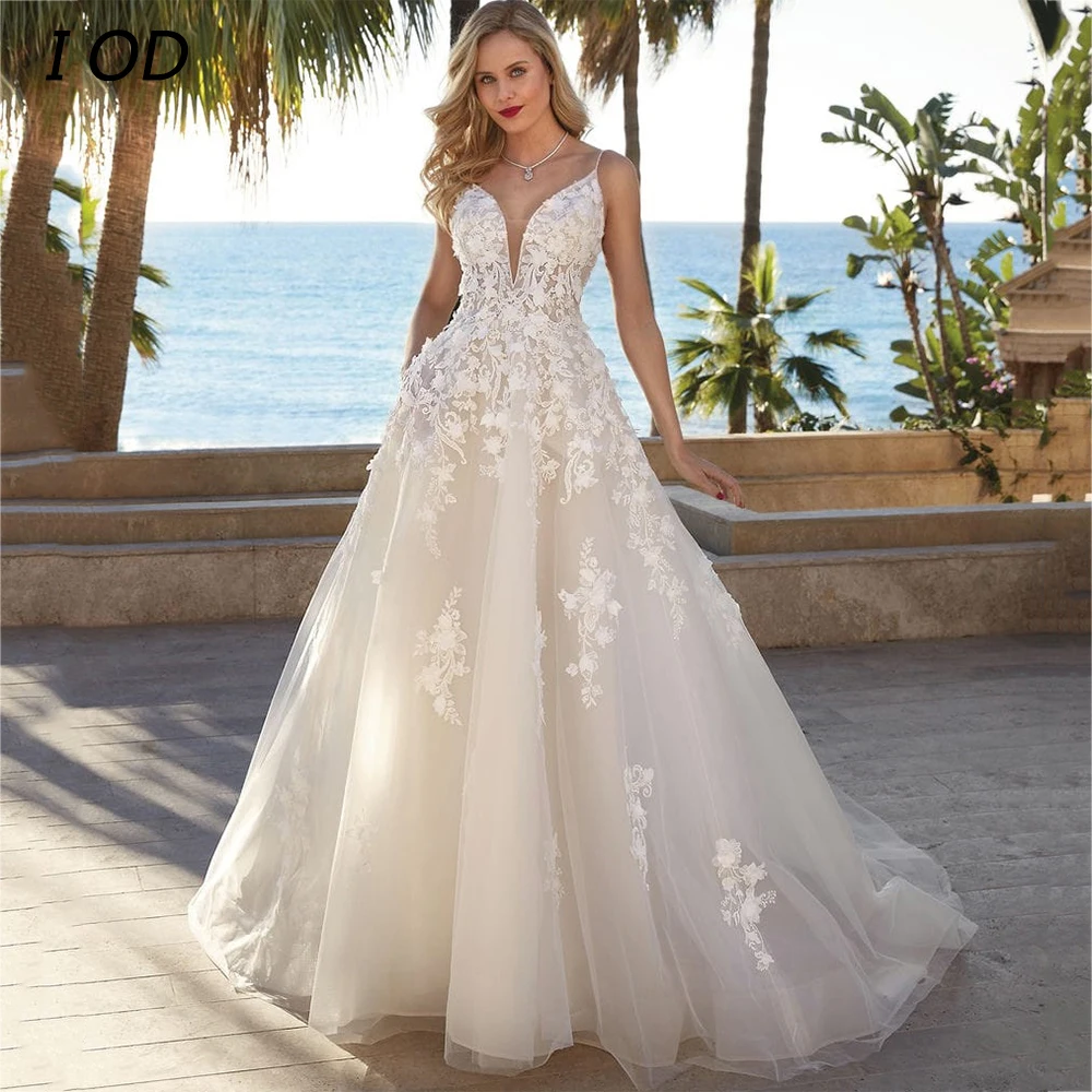 Top Trends: I OD Modern A-Line Wedding Dress New V-Neck Spaghetti Straps Lace Applique Backless Bridal Gown Floor Length Vestidos De Novia Shoppable Styles