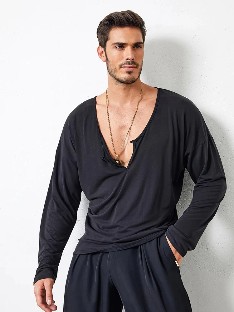 Top Trends: ZYM Winter Spring Long Sleeve Latin Dance Top Wear With Button Men's Dance Wear Loose Fit ZYMdancestyle Basic Deep V Shirt #N018 Shoppable Styles