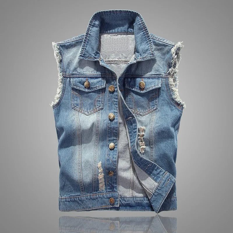 Top Trends: Denim Vest Men's Slim Fit Sweetheart Shoulder Broken Denim Tank Top Jacket Shoppable Styles