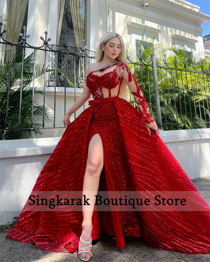 Top Trends: Sparkle Dubai Red Evening Dresses Detachable Train One Sleeve Glitter Beading Crystal Sequins Gown Mexican Mermaid Prom Wear Shoppable Styles