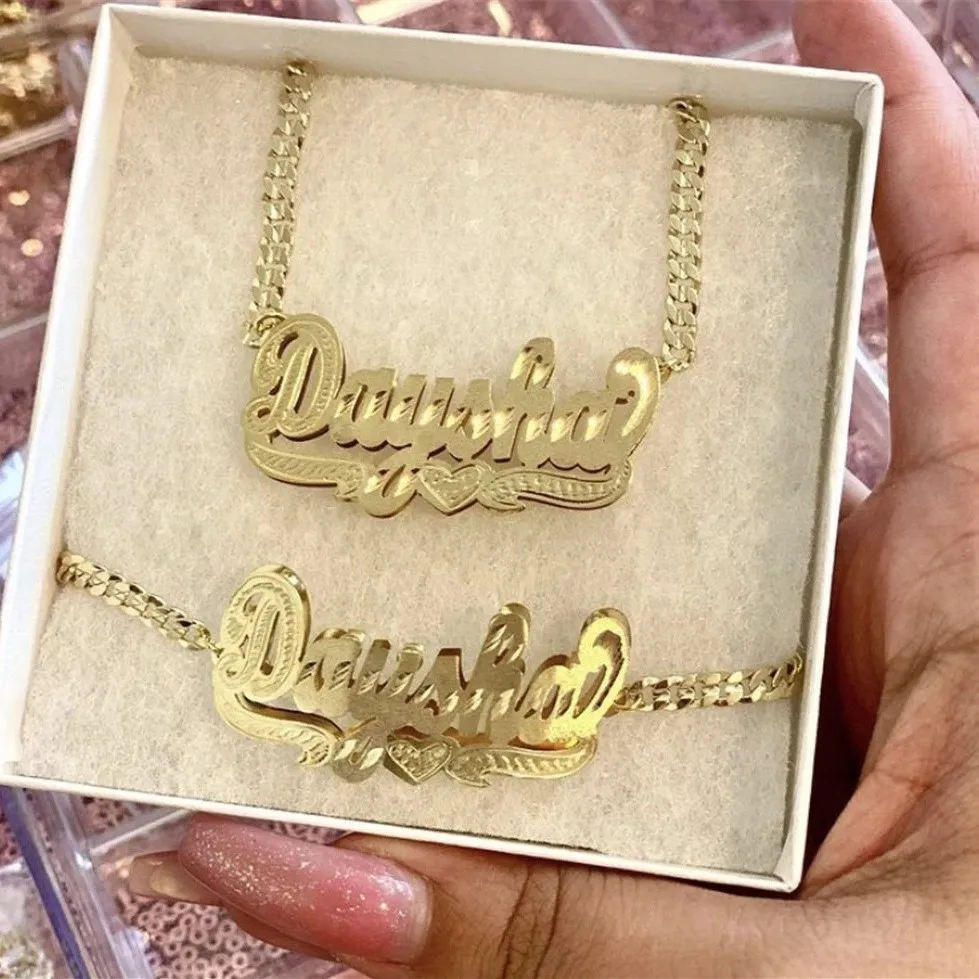 Top Trends: 18K Gold Plated Nameplate Necklace Personalized Double Layer 3D Necklaces With Heart Customized Name Stainless Steel Jewelry Shoppable Styles