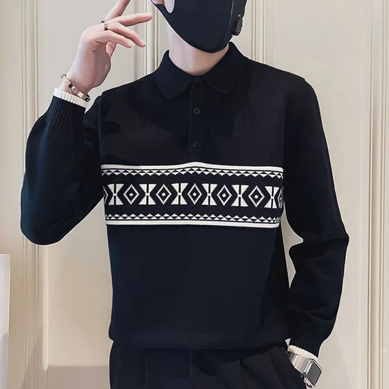 Top Trends: Fashion Lapel Button All-match Printed Sweaters Men Clothing 2023 Autumn New Oversized Casual Pullovers Loose Korean Tops Shoppable Styles - Image 2