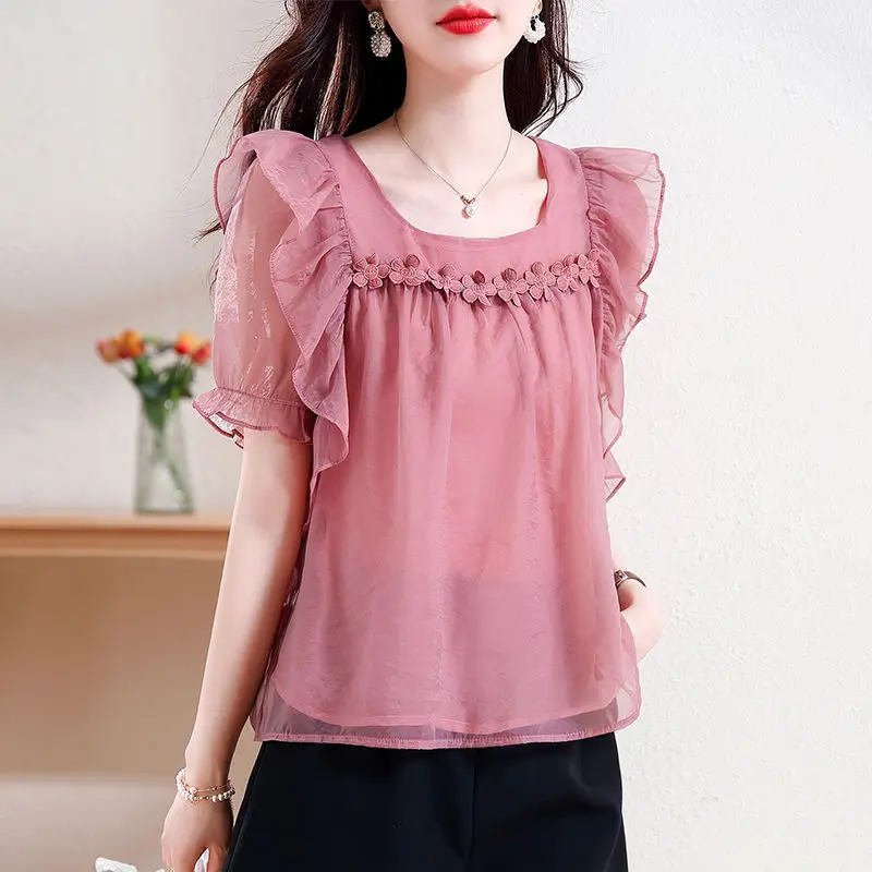 Top Trends: Sweet Ruffles Spliced Shirt Summer Short Sleeve Elegant Square Collar Stylish Floral Patch Designs Female Solid Color Blouse New Shoppable Styles