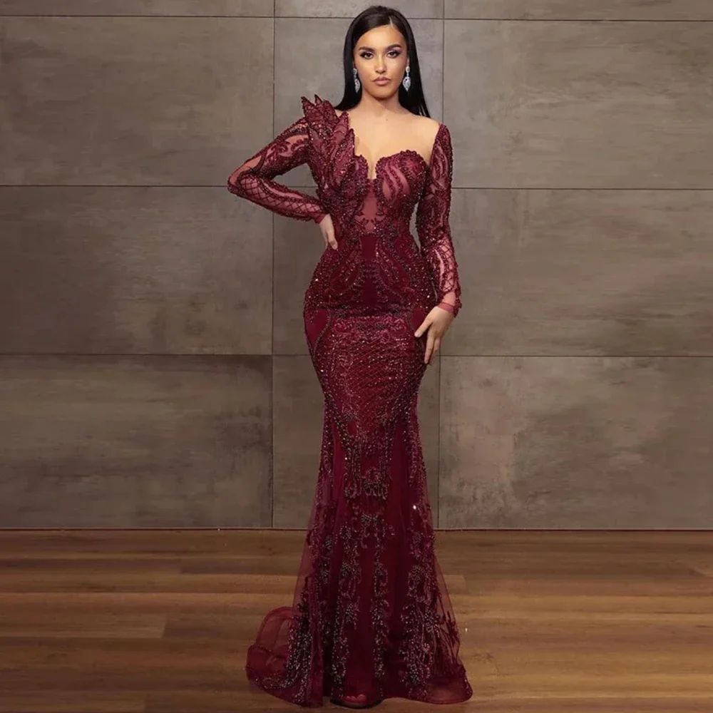 Top Trends: Wine Red Mermaid Sequin Evening Dresses For Women 2023 Luxury Lace Beads String Tulle Long Sleeves Formal Robe De Soirée Shoppable Styles