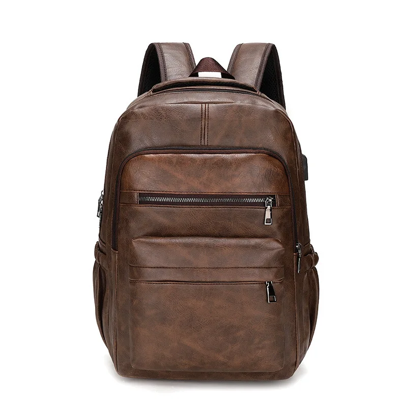 Top Trends: New Vintage Men USB Charging Backpack Large Laptop Bag PU Leather Man Travel Backpack Casual Teenagers School Bags For Boys Shoppable Styles