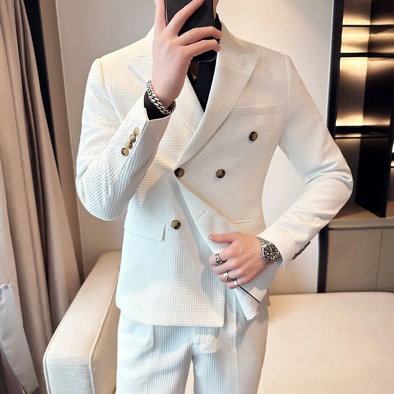 Top Trends: (Jacket+ Pants) Men Blazers High Quality Double Breasted Business Suits / Male Slim Fit Waffle Groom's Wedding Dress Casual Tuxedo Shoppable Styles - Image 3