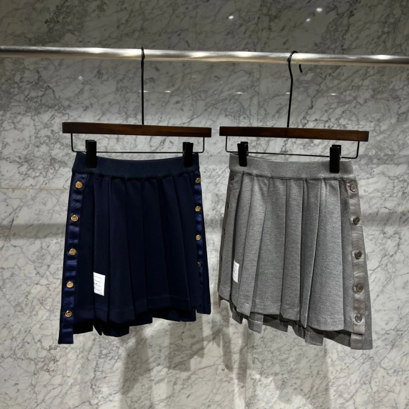 Top Trends: 2022 New Classic Tb Women Skirt Vintage Side Webbing Buttons Faldas Female Irregular High Waist Grey Navy Blue Jupe Short Mujer Shoppable Styles