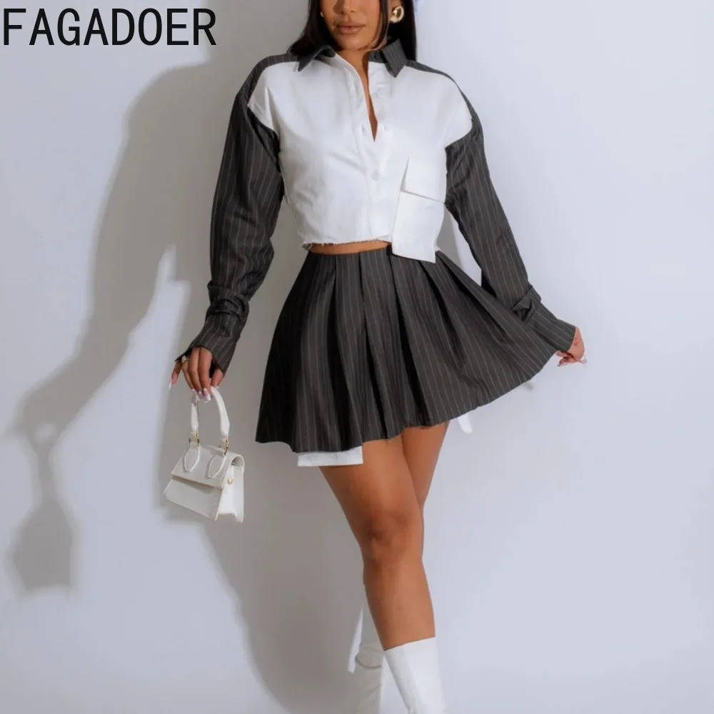 Top Trends: FAGADOER Fashion Color Patchwork Pleated Skirts Two Piece Sets Women Turndown Collar Long Sleeve Button Top+ Mini Skirts Outfits Shoppable Styles