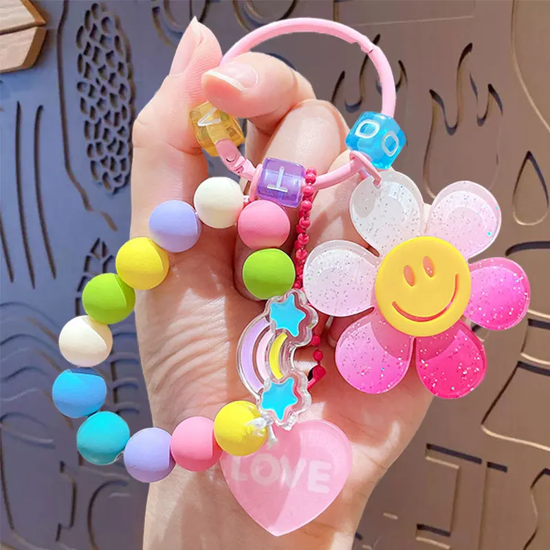 Top Trends: Cute Smiling Flower Keychains Korean Style Sweet Colorful Sunflower Keyrings With Beaded Chains Acrylic Flowers Keys Accessories Shoppable Styles