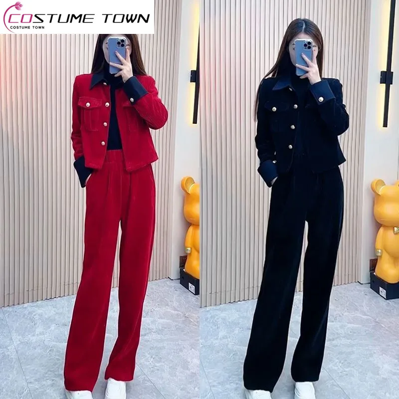 Top Trends: Spring New High-quality Corduroy Casual Jacket Wide Leg Pants Two-piece Elegant Women's Pants Set Fashion Tracksuit Outfits Shoppable Styles