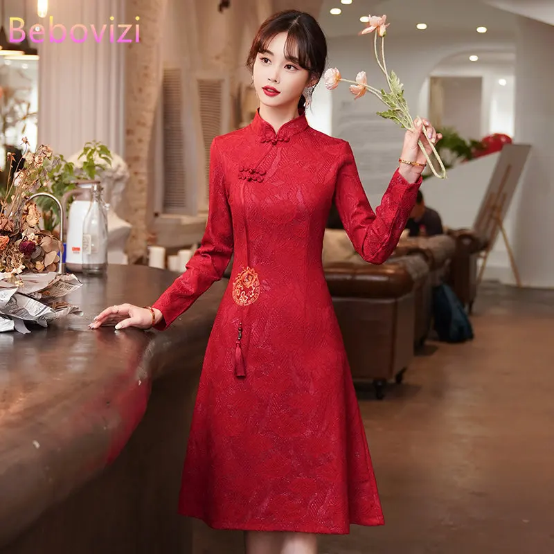 Top Trends: Vintage New Style Stand Collar Long Sleeve Cheongsam Chinese Traditional Qipao Dress Women Clothing CNY Shoppable Styles