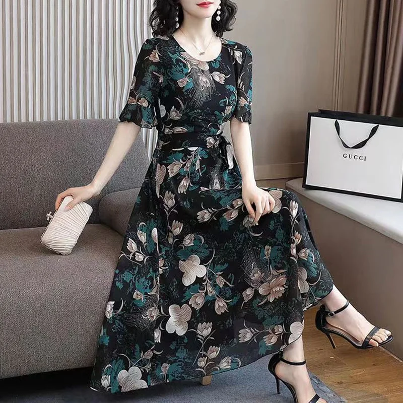 Top Trends: 2023 New Summer Fashion And Elegant Temperament Round Neck Exquisite Print Lace Up Waist Covering Belly Casual Holiday Dress Shoppable Styles