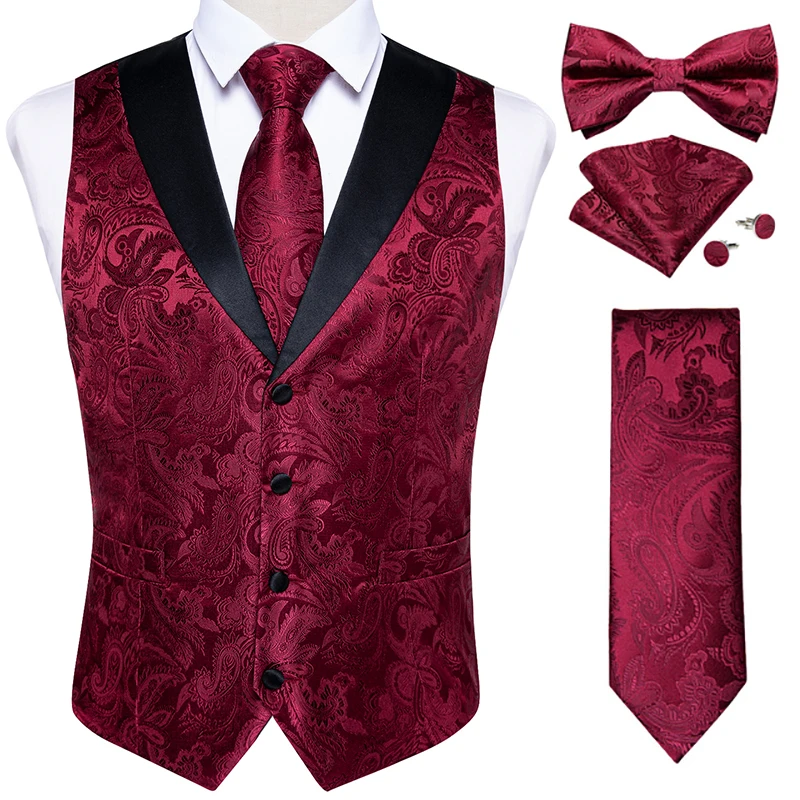 Top Trends: Fashion Red Paisley Men&#039;s Vest Tuxedo Dress Accessory Luxury Slim Fit Waistcoat For Man Bow Tie Necktie Handkerchief Cufflinks Shoppable Styles