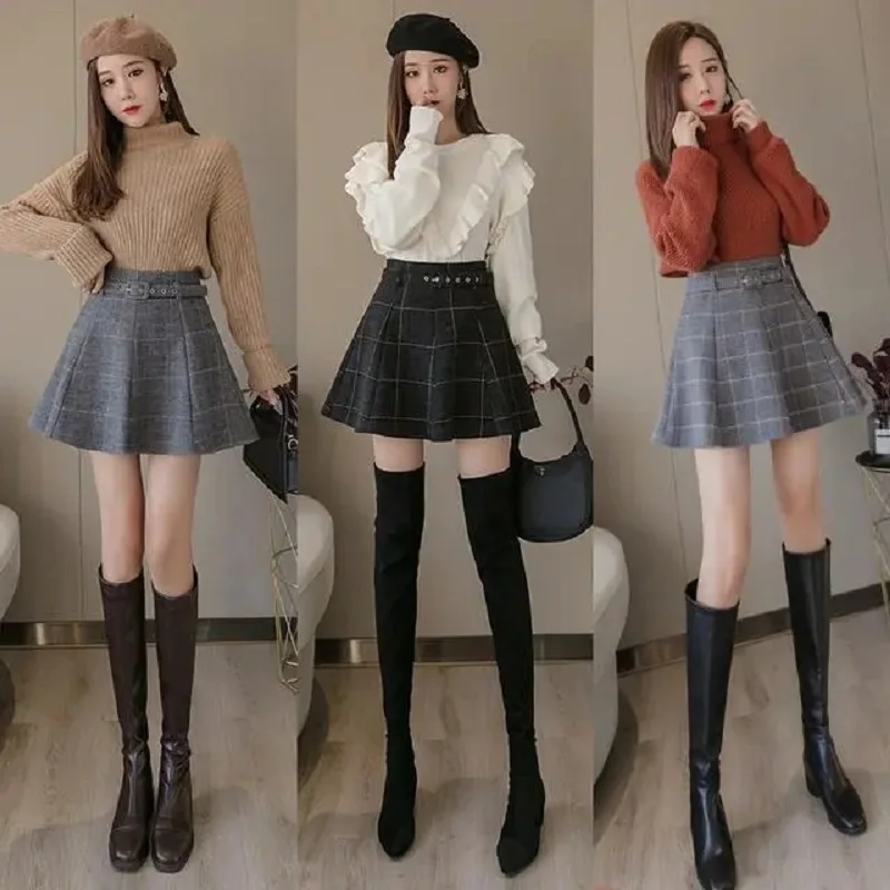 Top Trends: Korean Style Plaid Skirt Shorts A-line High Waisted Mini Skirts For Women Kawaii Autumn Winter Wool Short Skirts With Belt Shoppable Styles - Image 6