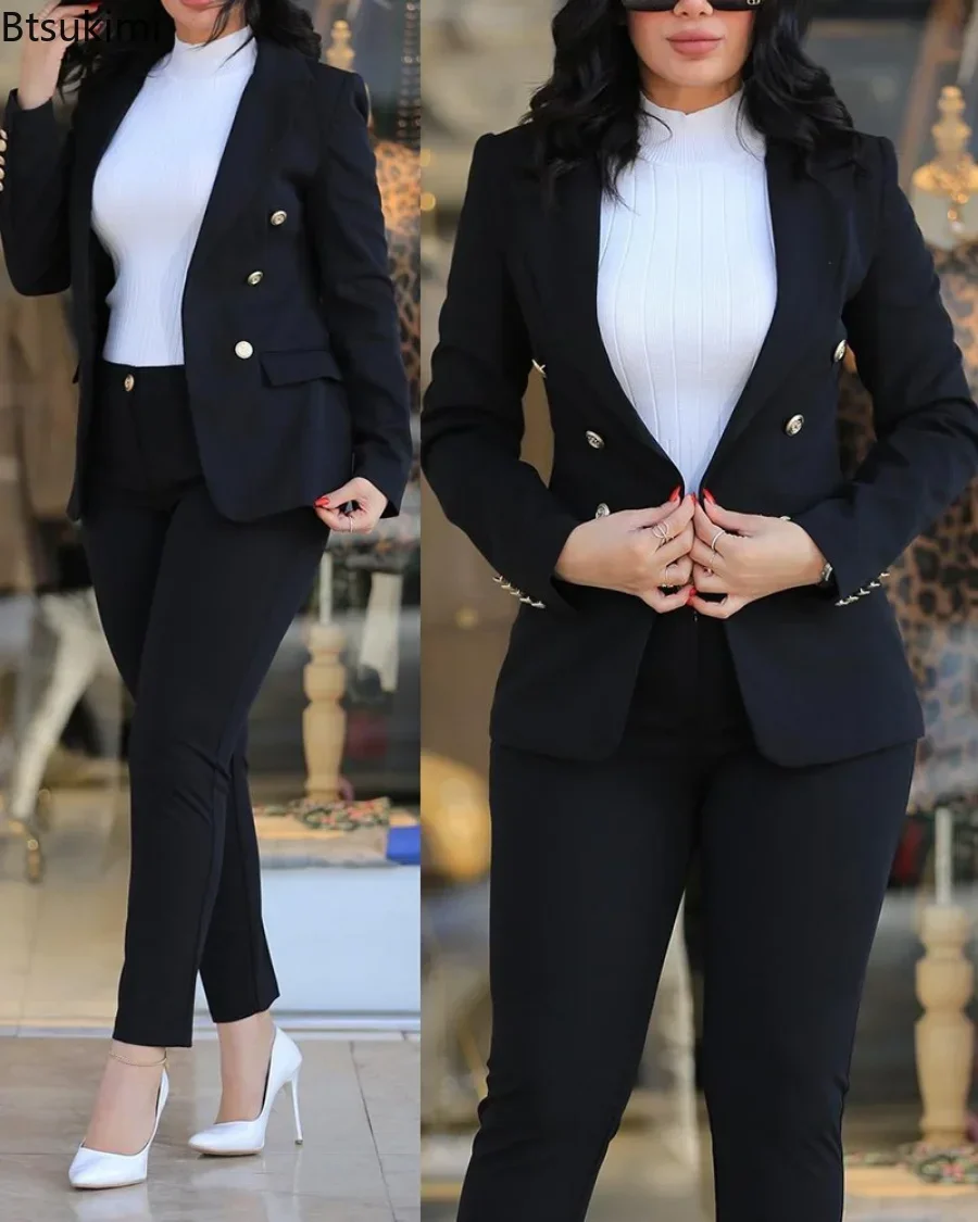 Top Trends: New 2024 Women's Pant Sets Formal Business Double Breasted Blazers Jacket Pants 2 Piece Set Solid Elegant Ladies Pant Suits Sets Shoppable Styles