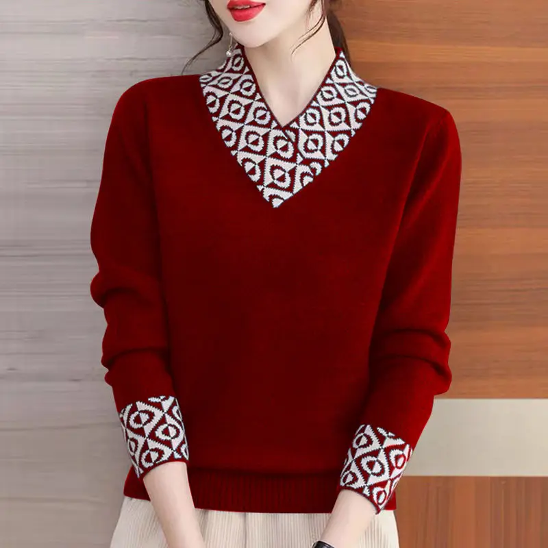 Top Trends: Korean Fashion Panelled Knit Sweaters All-match Women Clothing Long Sleeve V-Neck Spring Autumn Bottoming Loose Casual Pullovers Shoppable Styles