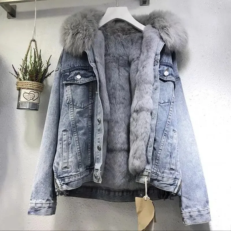 Top Trends: Winter Women Warm Basic Coat Big Fur Collar Denim Jacket Female Cold Motorcycle Jackets Outerwear Fleece Thick Casual Overcoat Shoppable Styles