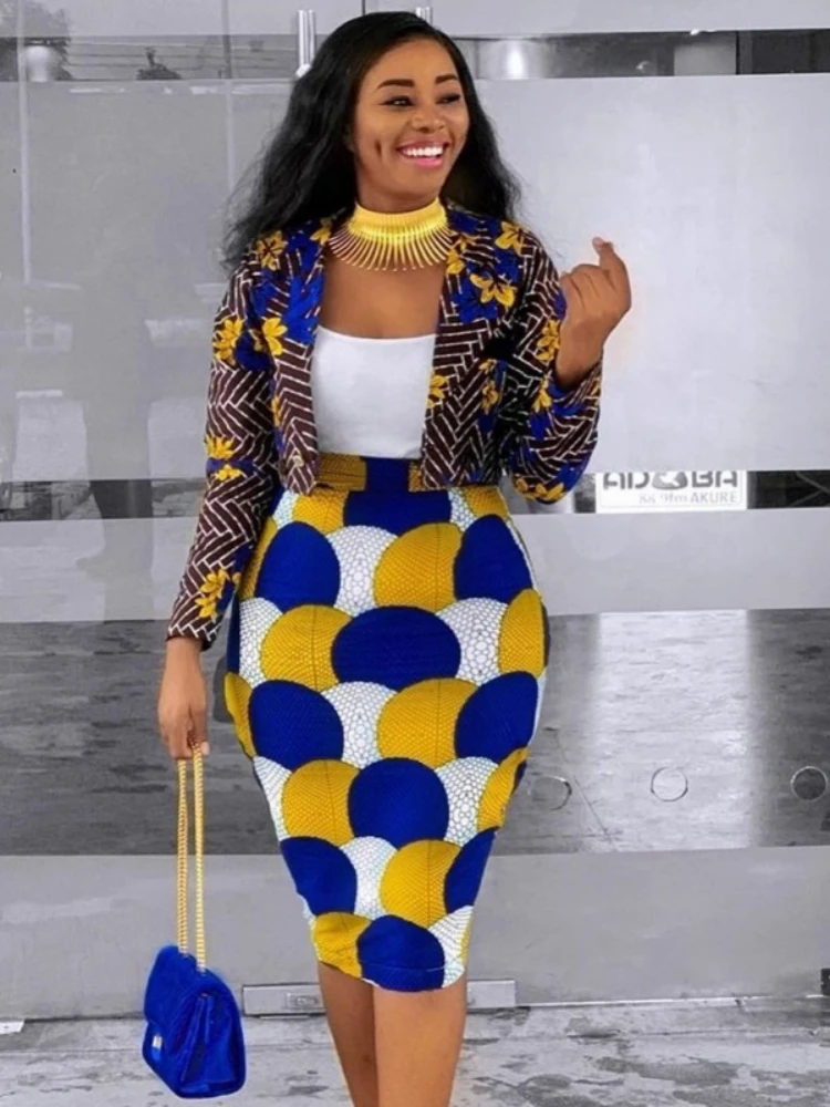 Top Trends: 2 Piece Women Set Dashiki African Long Sleeve Two Piece Set Crop Top Suits Midi Skirt Print Casual Outfit Africa Clothing Shoppable Styles