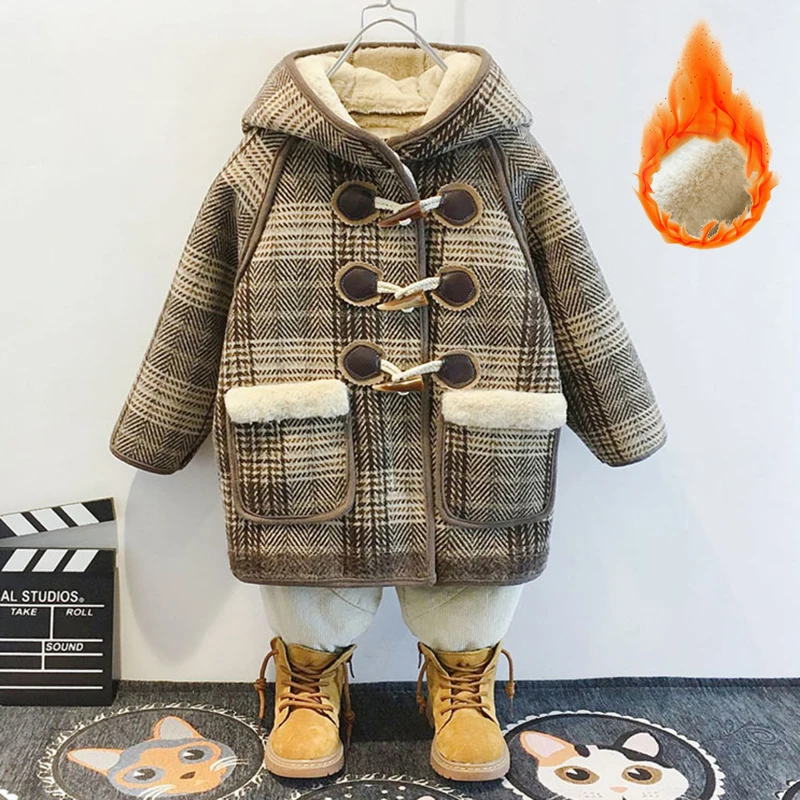 Top Trends: Children&#039;s Jacket Woolen Coat For Boy Baby Girls Snowsuit Kids Hooded Velvet Insulated Clothes Mid-Length Plaid Windbreaker Shoppable Styles