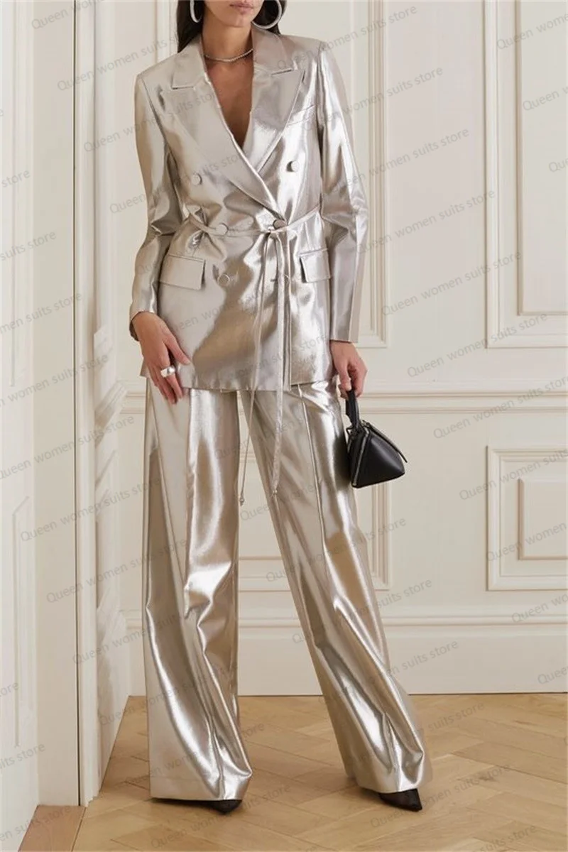 Top Trends: Shiny Satin Wedding Women Suit Set Blazer+ Wide Leg Pants Formal Office Lady Jacket With Belt Prom Dress Custom Made Autumn Coat Shoppable Styles