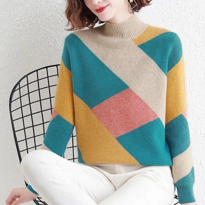 Top Trends: Women's Spring And Autumn New Loose Contrast Color Pullover Half High Neck Striped Sweater Fashion Long Sleeve Commute Knit Tops Shoppable Styles