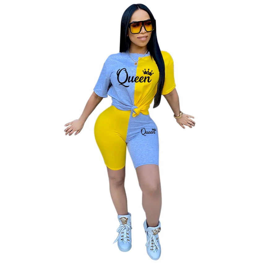 Top Trends: Women 2023 Spring Summer Clothing Fashion Sweatsuits QUEEN Shorts Two Piece Sets Outfits Splicing Short Sleeve Tracksuits Shoppable Styles - Image 4