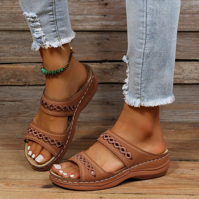 Top Trends: Hollow Slides Summer Women Sandals Slippers Comfortable Wedges Sandals Leisure Beach Roman Leather Women Slippers Zapatos Mujer Shoppable Styles