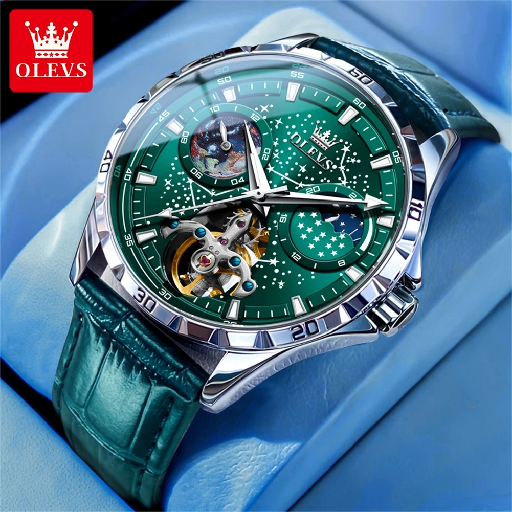 Top Trends: OLEVS Brand Fashion Green Dial Moon Phase Mechanical Watch For Men Leather Strap Waterproof Starry Sky Tourbillon Watches Mens Shoppable Styles