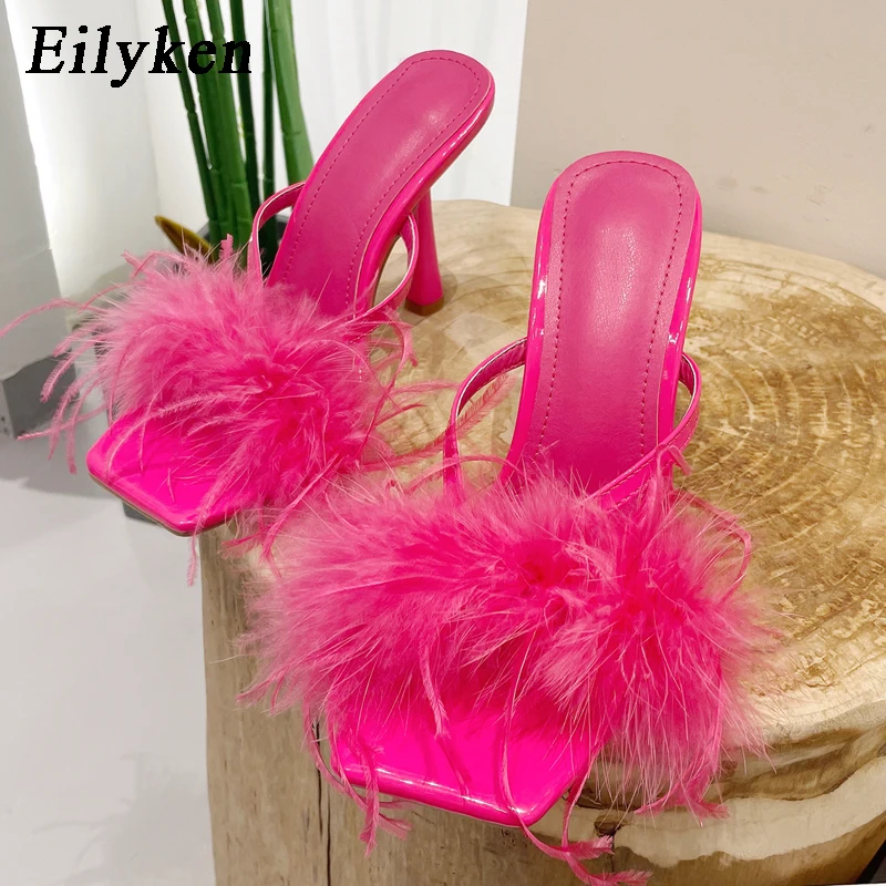 Top Trends: Eilyken Summer Fashion Fluffy Furry Women Slippers Female Gladiator Sandals Party Banquet Mules High Heels Slides Shoes Shoppable Styles