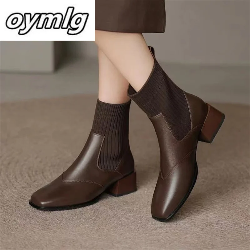 Top Trends: Short Boots Autumn Winter New Square Headed Knitted Elastic Women's Boots Fashionable And Simple Shoes Female Boots Shoppable Styles - Image 2