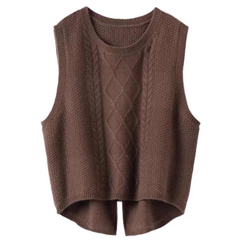 Top Trends: New Women's 100% Pure Wool Round Neck Vest Chic Tuxedo Vest Autumn And Winter Sleeveless DIY Vest Loose Short Split Knit Sweater Shoppable Styles - Image 3