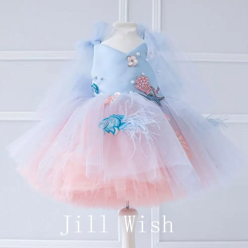 Top Trends: Jill Wish Luxury Blue Baby Flower Girl Dresses Mini Beading Pearls Princess Kids Gown For Birthday Wedding Communion Party J081 Shoppable Styles