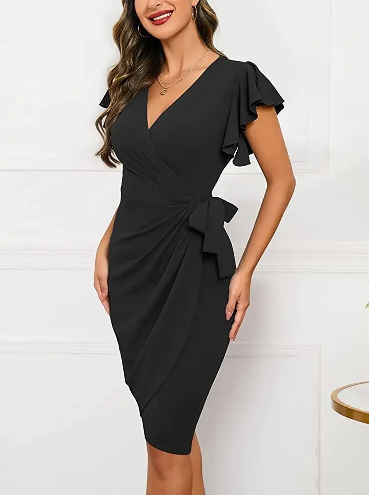 Top Trends: Bodycon Sexy Summer Dress Cocktail Faux Wrap Deep V Neck Ruffle Sleeve Ruched Party Work Formal Wedding Dresses For Women Shoppable Styles