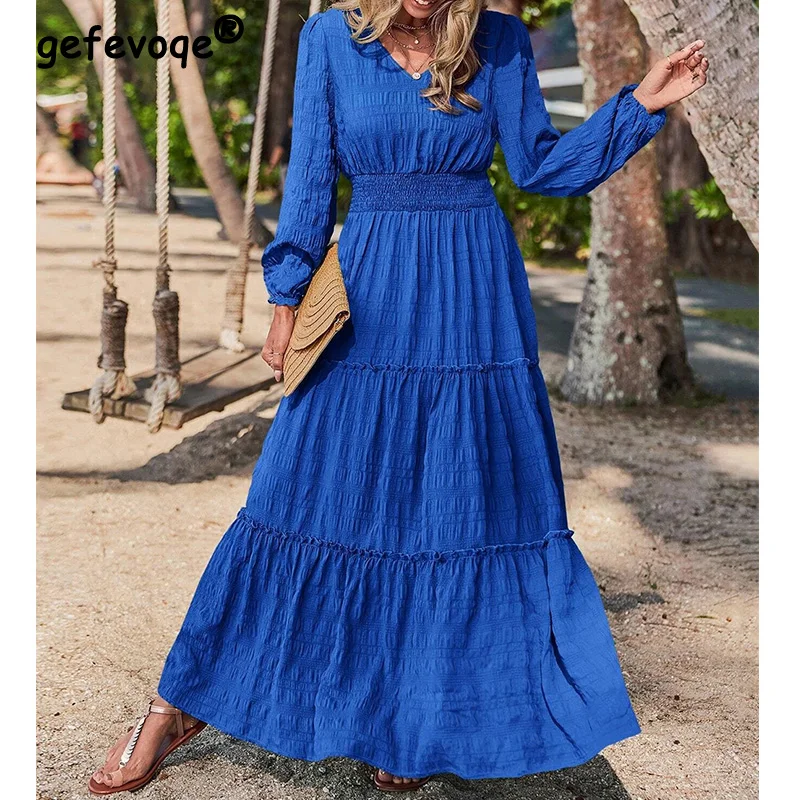 Top Trends: Spring Autumn Office Lady Shirring Lantern Long Sleeve V-Neck Pleated Mid Waist Solid Jacquard Weave A-line Ankle Length Dress Shoppable Styles