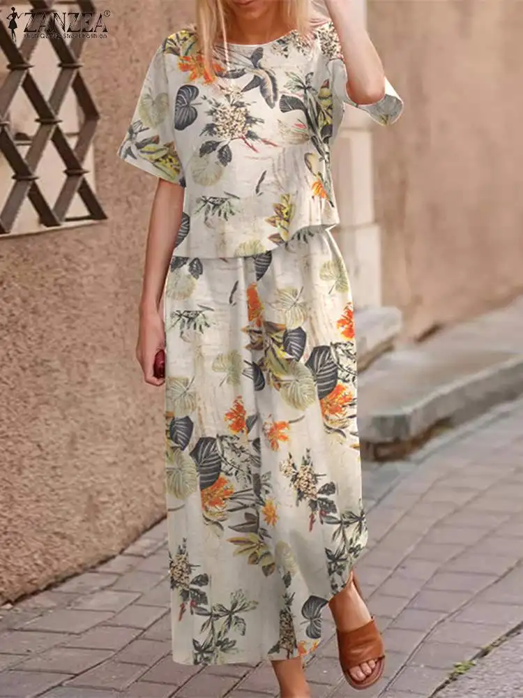 Top Trends: 2023 Summer Floral Wide Leg Tracksuits Female Women Casual Cotton Matching Sets ZANZEA Bohemian Printed Short Sleeve Pant Sets Shoppable Styles